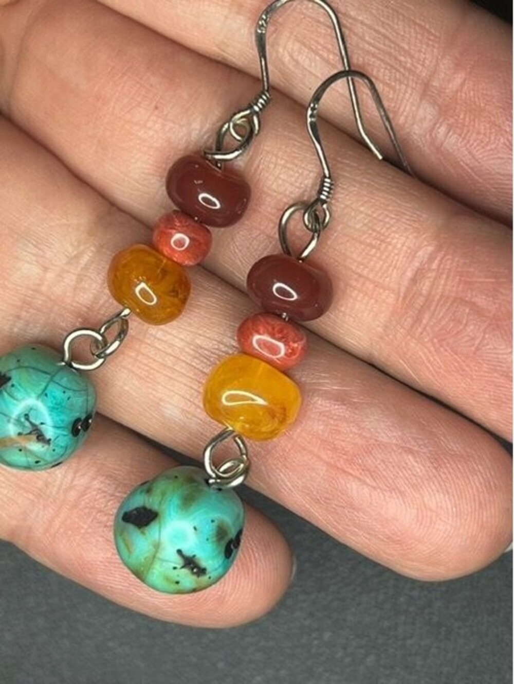 B7302 Sterling Silver Turquoise Carnelian Amber Beaded Dangle Drop Earrings 2"